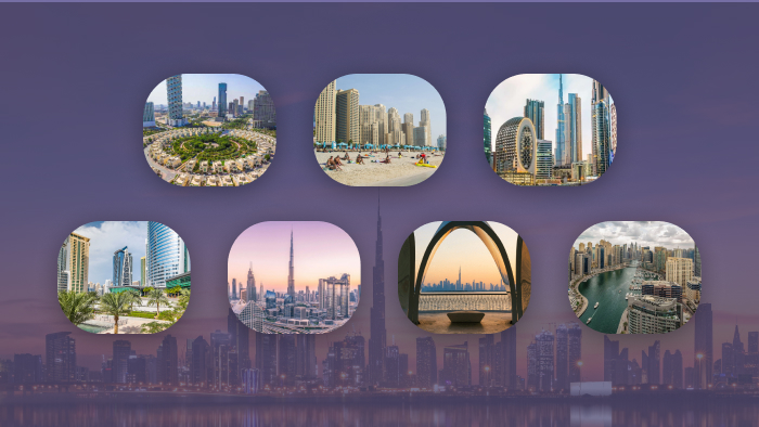 A group of icons that showcase the best seven areas in Dubai to invest in